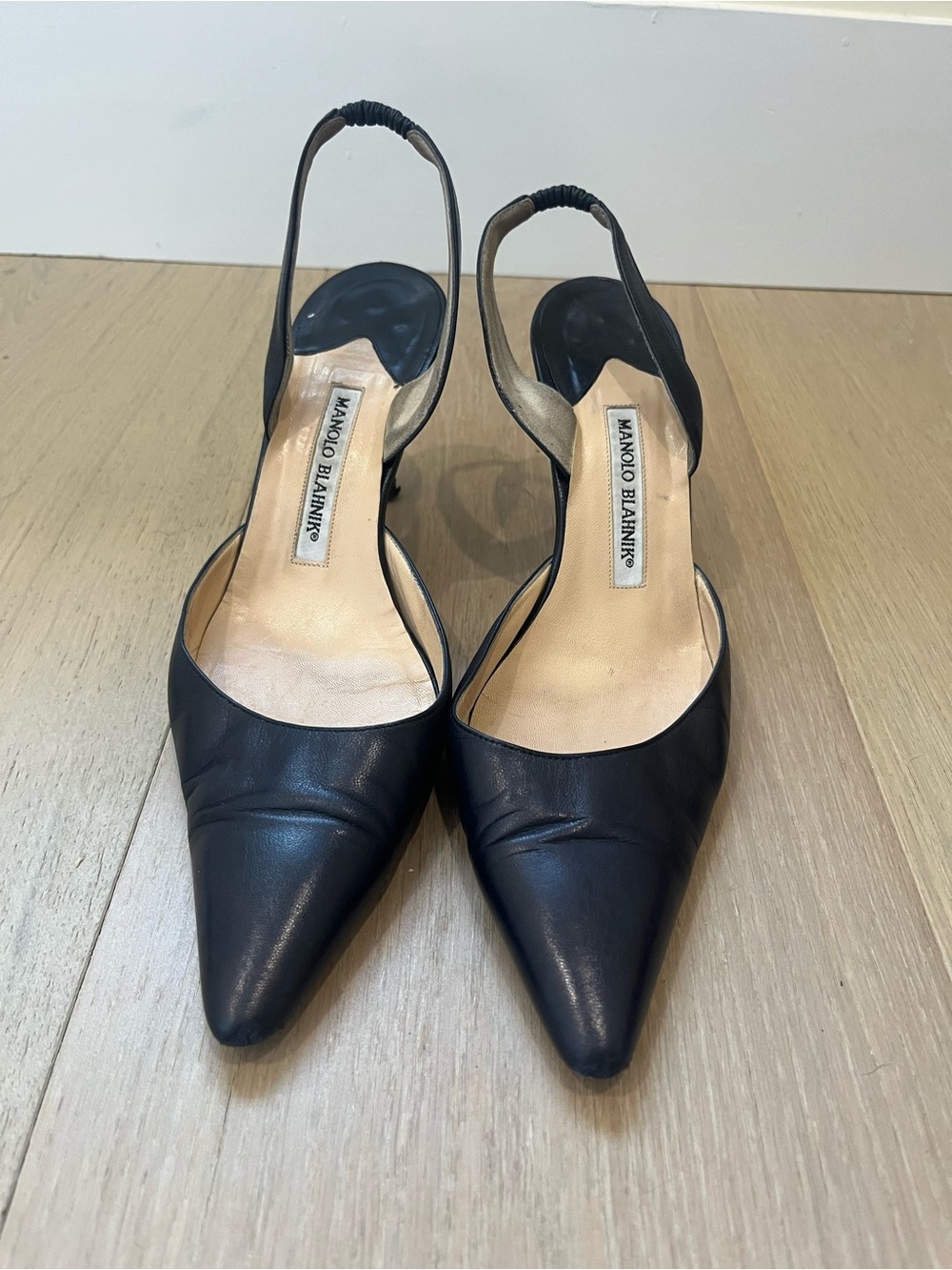 Manolo Blahnik Navy Blue Leather Slingback Pumps
